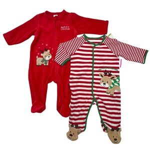 NEW Little Me Lot of 2 Baby 3M Footed Pajamas Reindeer Christmas Sleepers Outfit